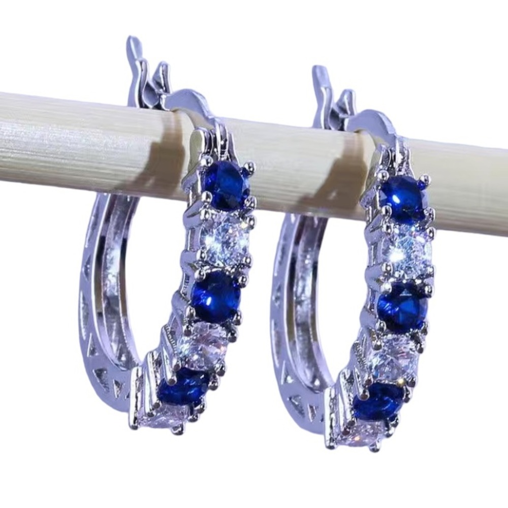 Sapphire & Diamond Silver Toned Hoop Earrings